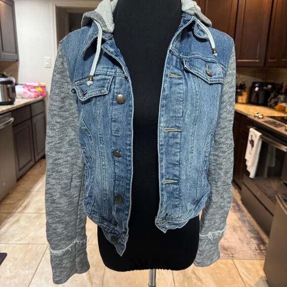 Free People Distressed Denim Knit Hooded Jean Jacket - Picture 1 of 3